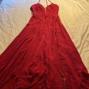 Betsy & Adam Sexy Corset Back Halter Neck High Leg Slit A-Line Prom Dress